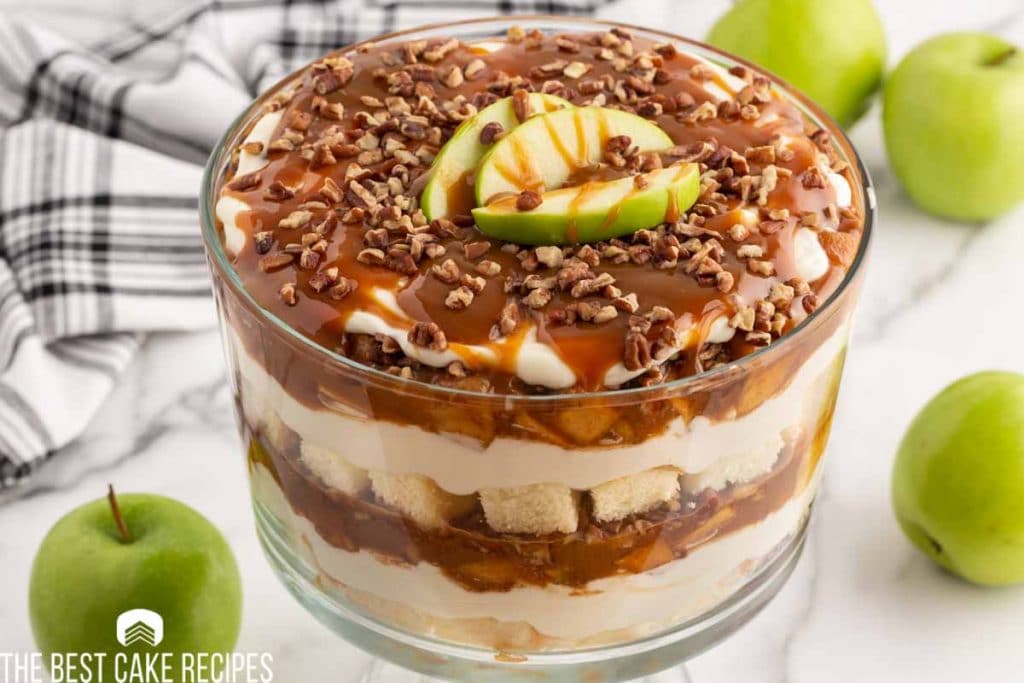 caramel apple dessert in a trifle dish