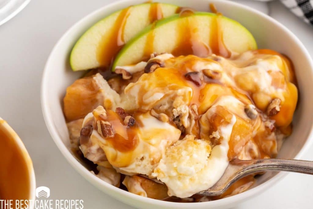 a bowl of caramel apple trifle