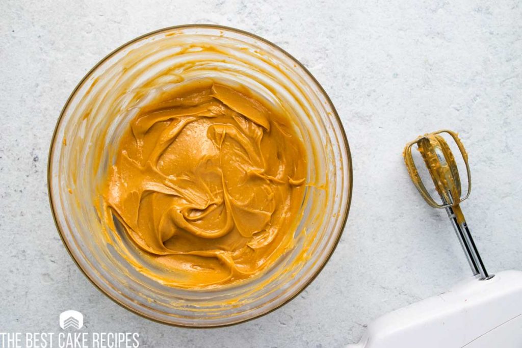 creamed butter and peanut butter in a bowl