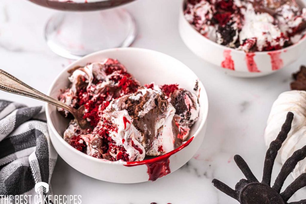 a bowl of chocolate trifle with red velvet