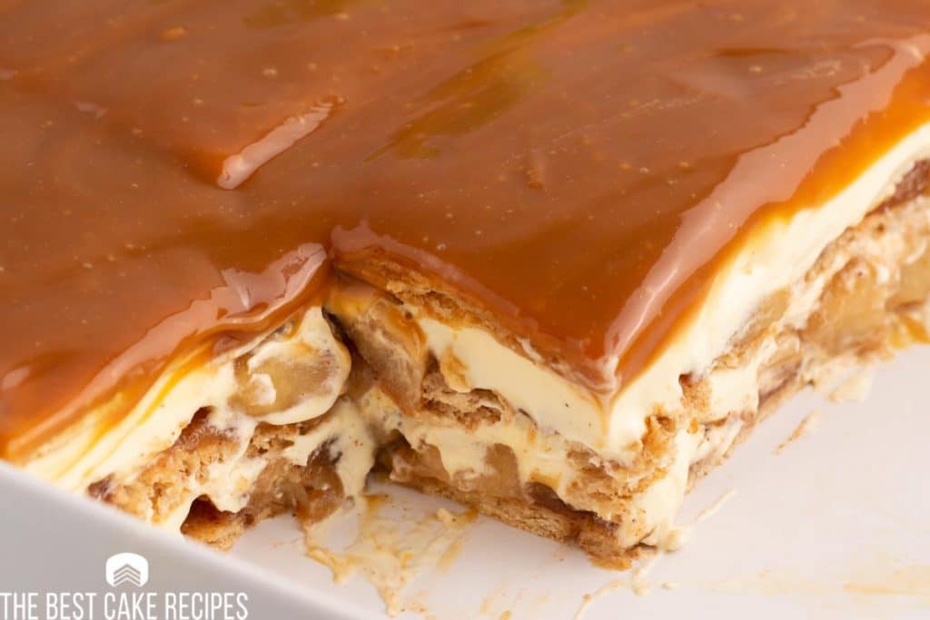 caramel apple eclair cake in a baking pan