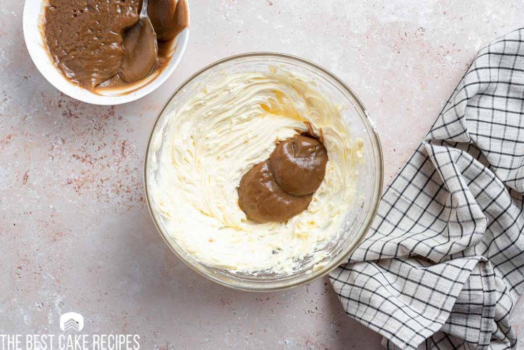 creamed butter with coffee syrup in a bowl