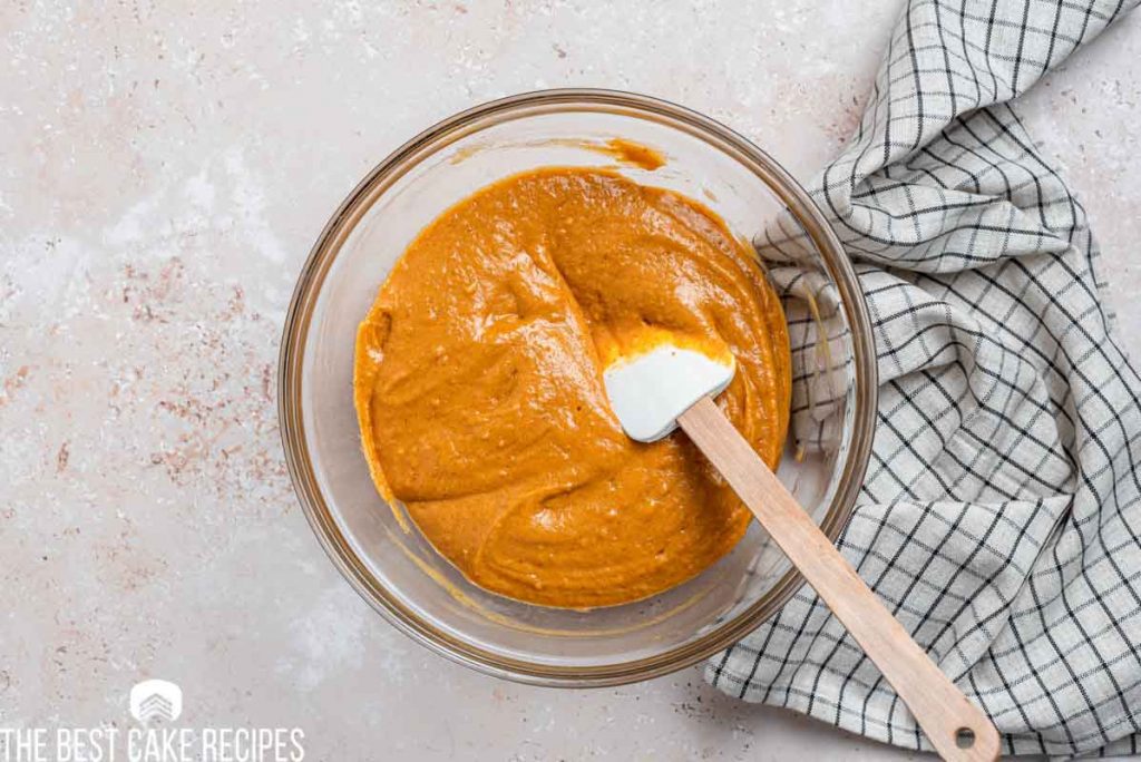 pumpkin cupcake batter in a bowl
