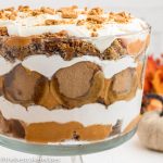 gingerbread trifle dessert in a glass dish