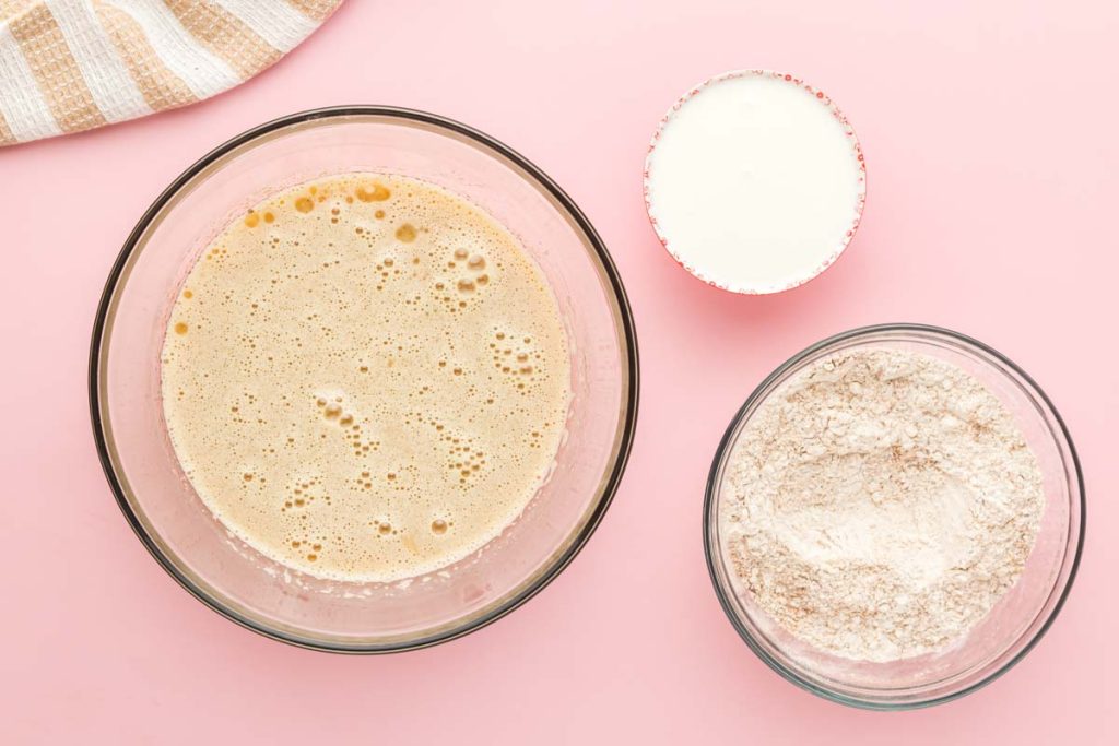 ingredients for cake in 3 bowls