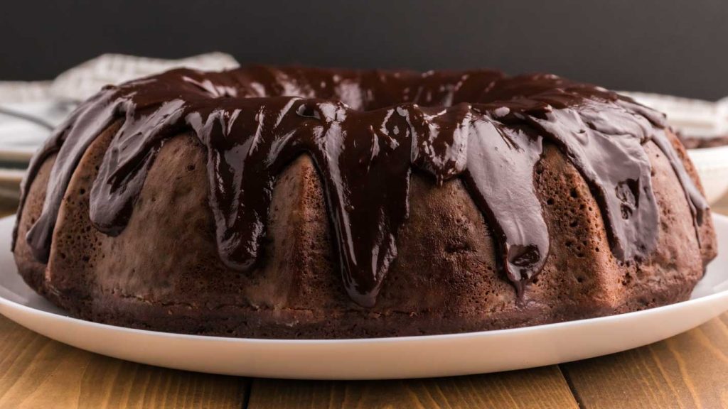 closeup of a chocolate glazed bundt cake