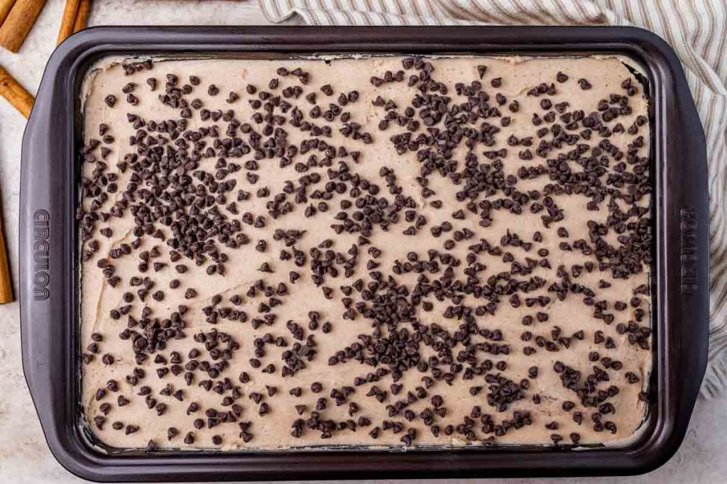 overhead view of a cake with frosting and mini chocolate chips