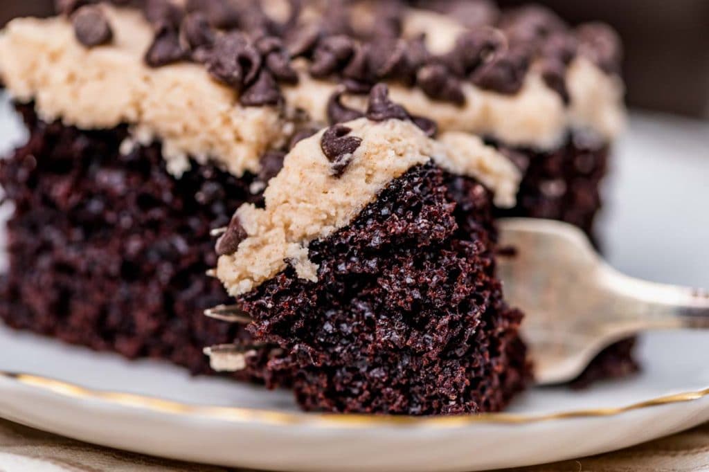 closeup of a bite of mexican chocolate cake