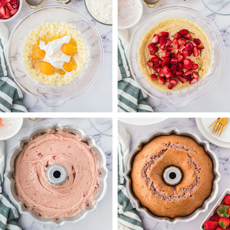 collage of how to make fresh strawberry bundt cake