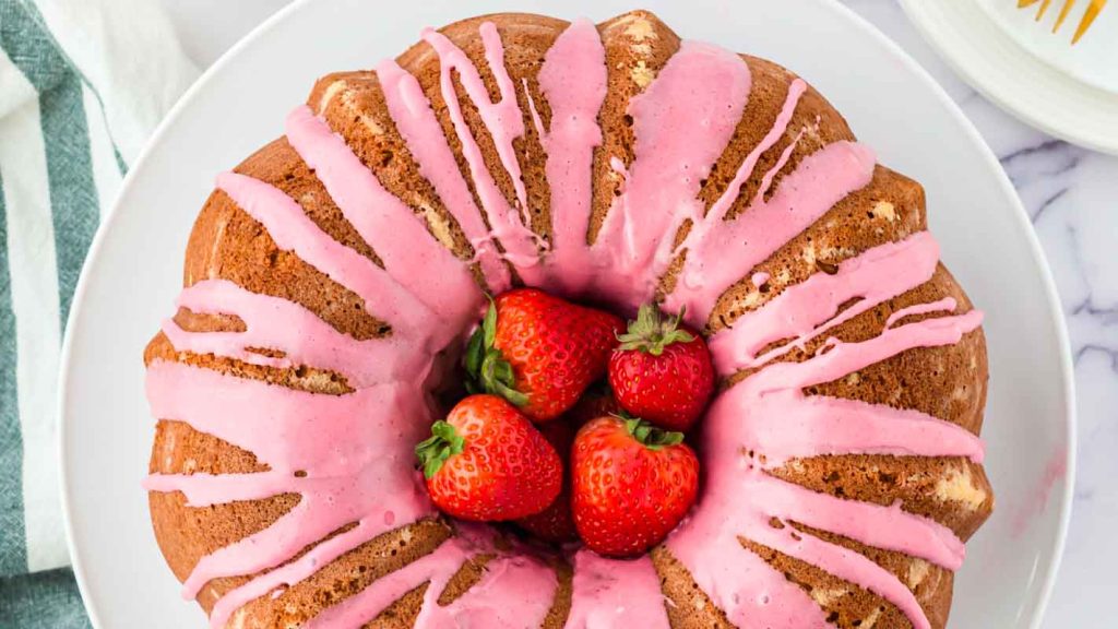 overhead shot of a strawberry glazed cake