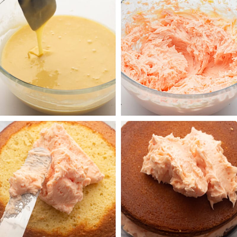 collage of how to make vanilla cake and frosting