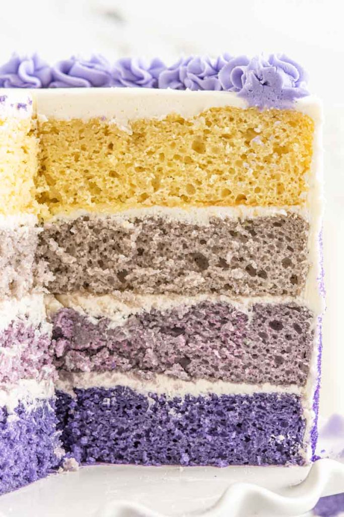 the inside of a purple ombre cake