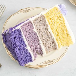 a slice of 4 layer ombre cake on a plate
