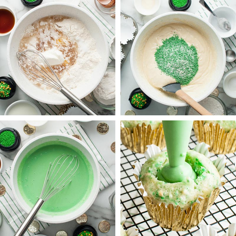 collage of how to make and fill cupcakes
