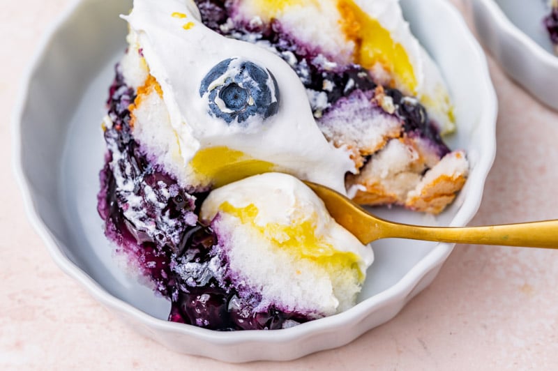 a serving of blueberry lemon angel dessert in a bowl