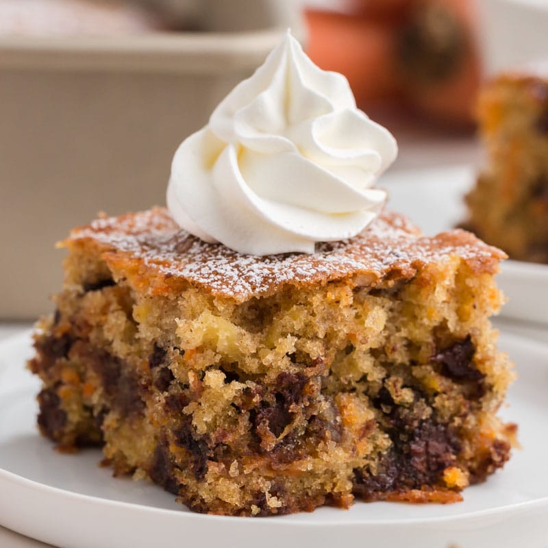 closeup of a piece of carrot cake with chocolate chips in it
