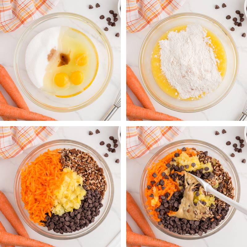 collage of how to make chocolate chip carrot cake