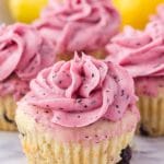 homemade lemon blueberry cupcakes with frosting swirls