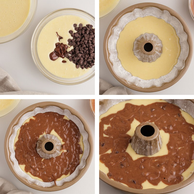 collage of how to fill a bundt cake pan with marble cake batter