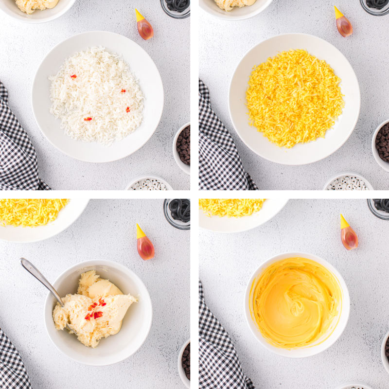 collage of how to make yellow coconut and frosting