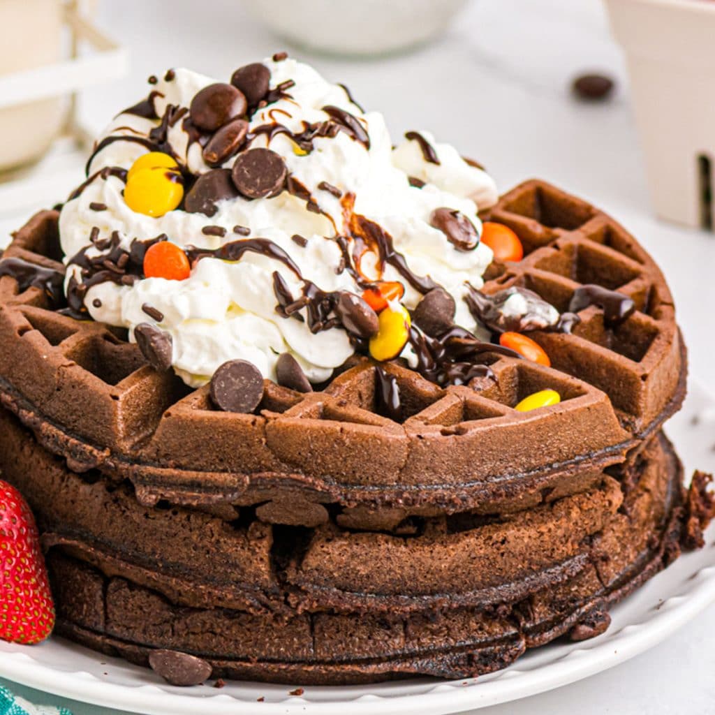 3 cake mix waffle pancakes with chocolate toppings