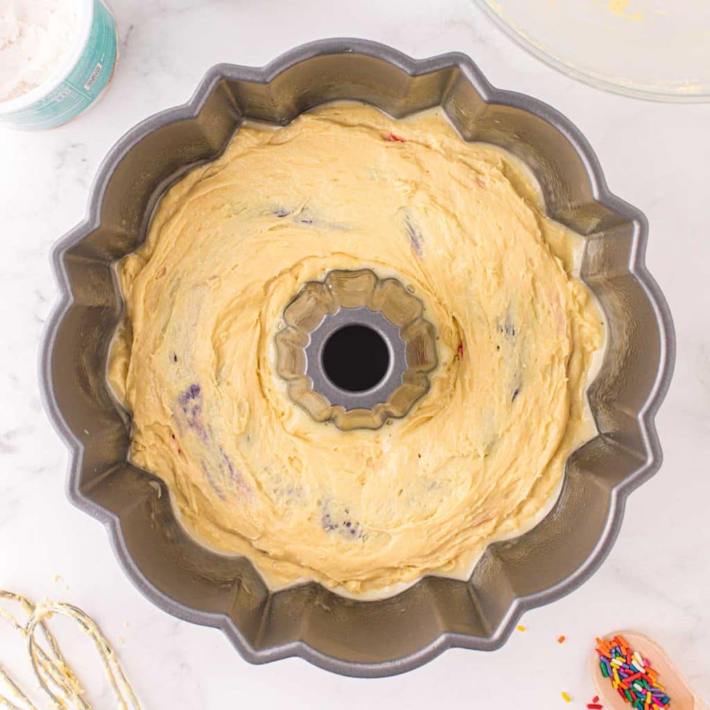 overhead view of an unbaked bundt cake