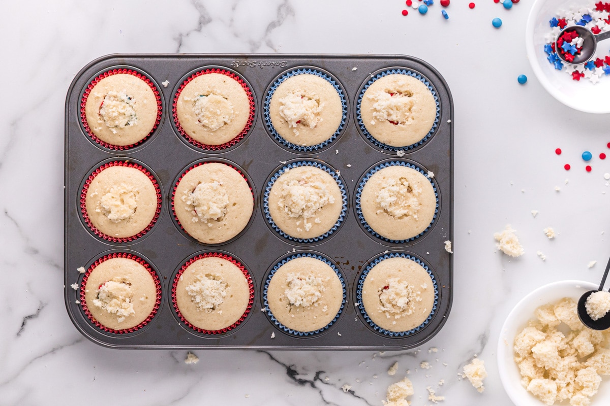 overhead view of cupcakes in a cupcake pan