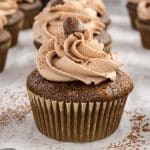 closeup of a chocolate cupcake with mocha frosting