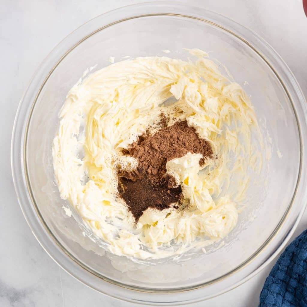 creamed butter, cocoa powder and coffee in a mixing bowl