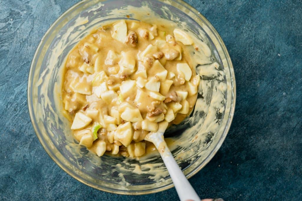 apple cake batter with walnuts and apples