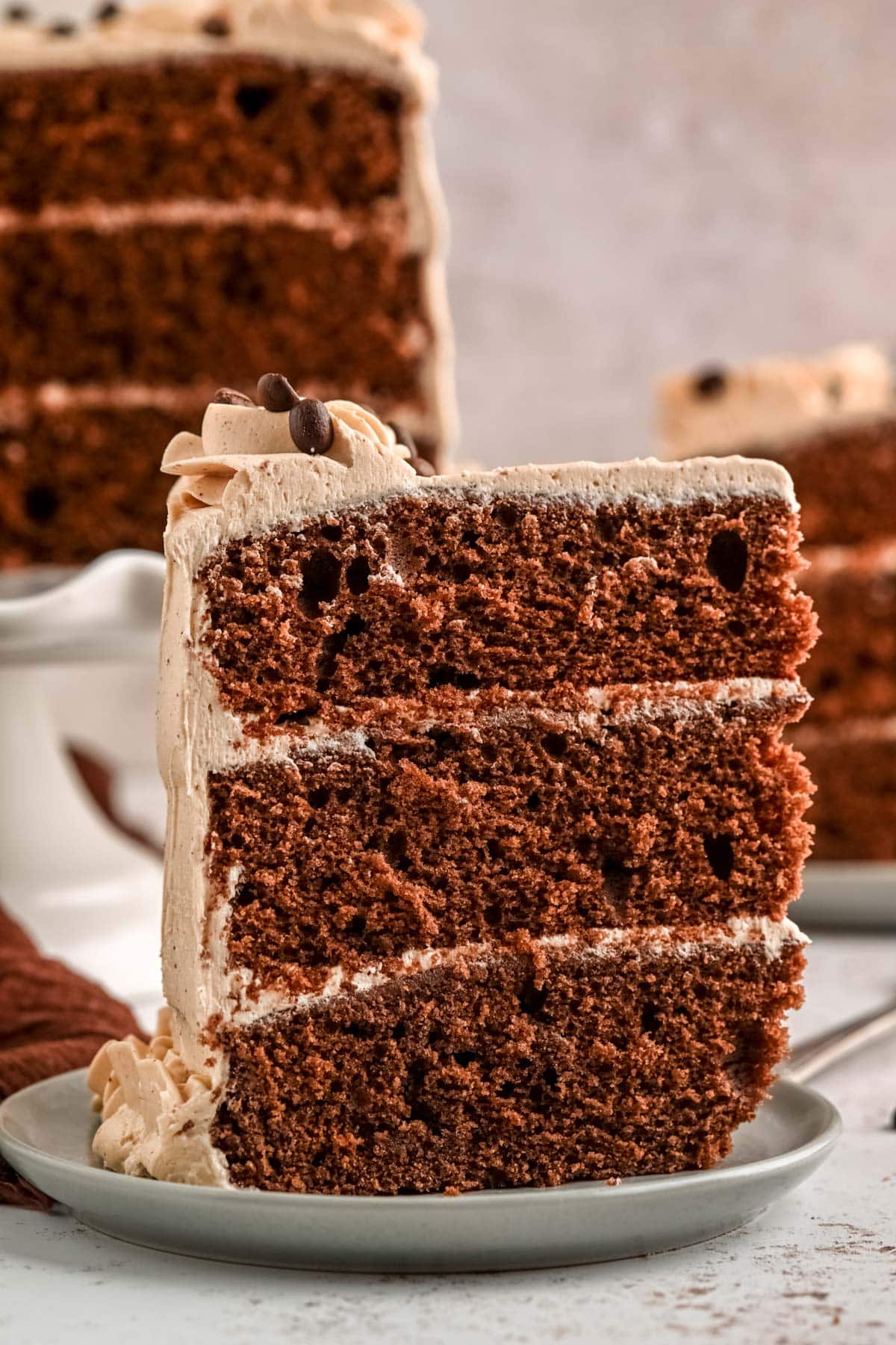 a 3 layer slice of chocolate espresso cake sitting on a plate