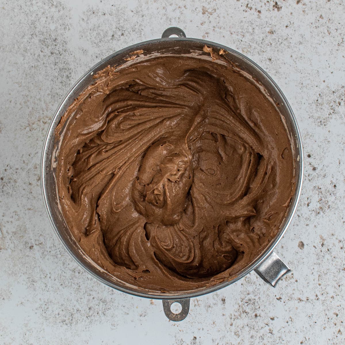 chocolate cake batter in a mixing bowl