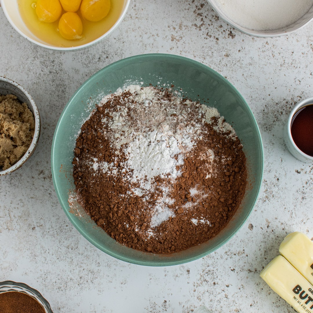 dry ingredients for cake in a mixing bowl