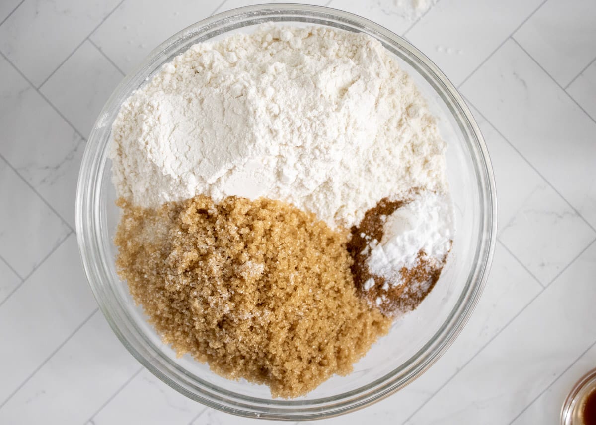 dry ingredients for maple pecan cake in a mixing bowl