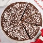 overhead view of a no bake peppermint chocolate cheesecake