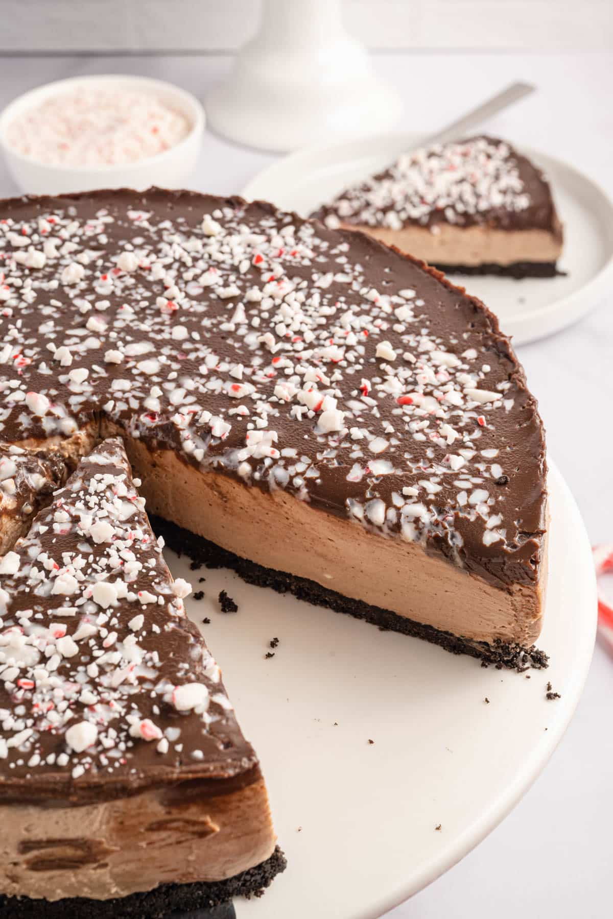 a peppermint chocolate cheesecake on a table