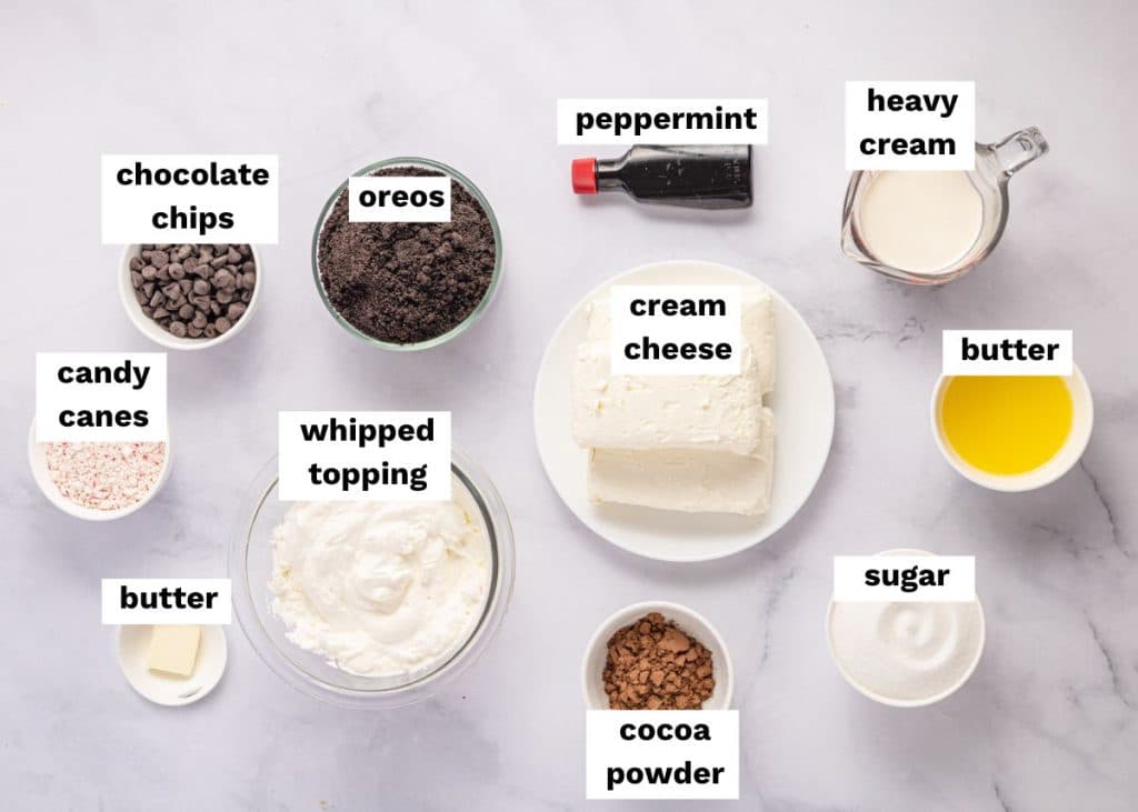 ingredients for no bake chocolate peppermint cheesecake on a table