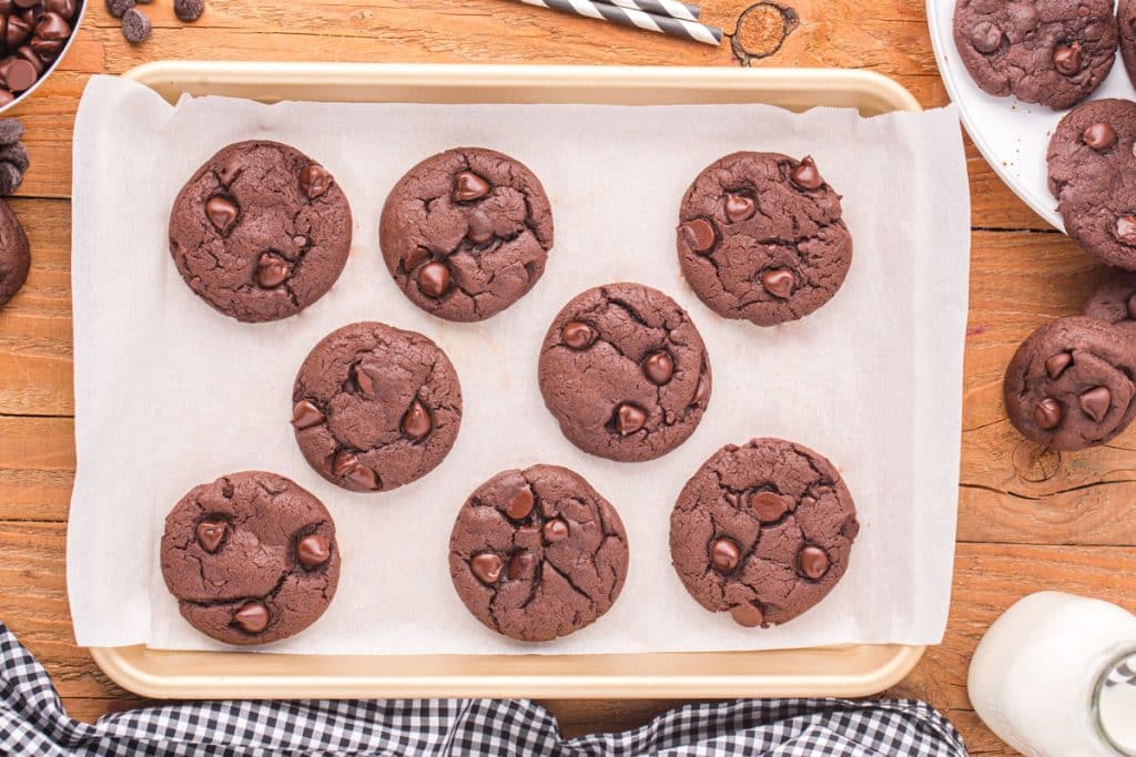 baked chocolate cake mix cookies on a pan
