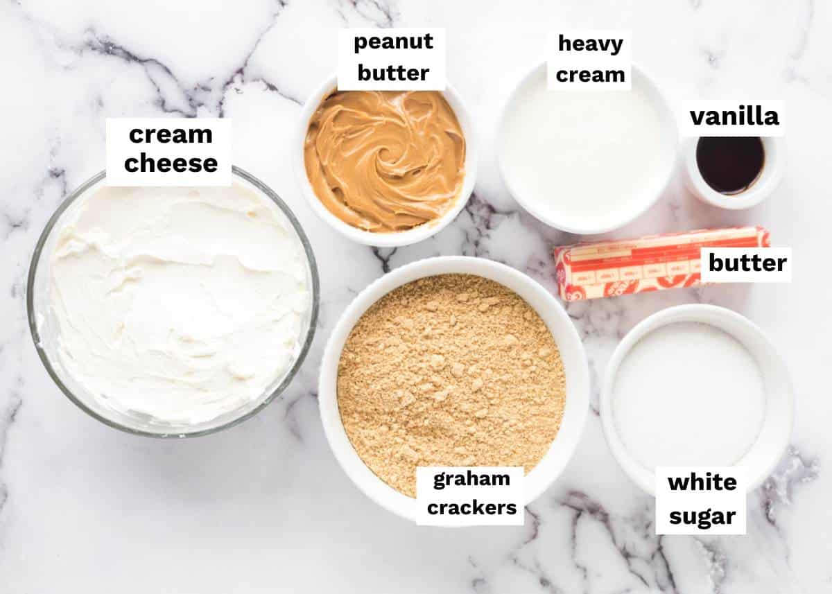ingredients for no bake peanut butter cheesecake on a plate