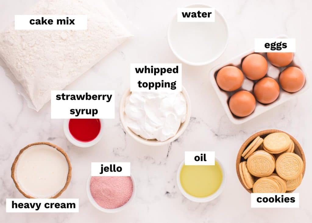 ingredients for strawberry crunch poke cake title image