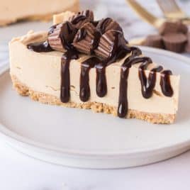 a slice of peanut butter cheesecake on a plate with chocolate drizzled over the top
