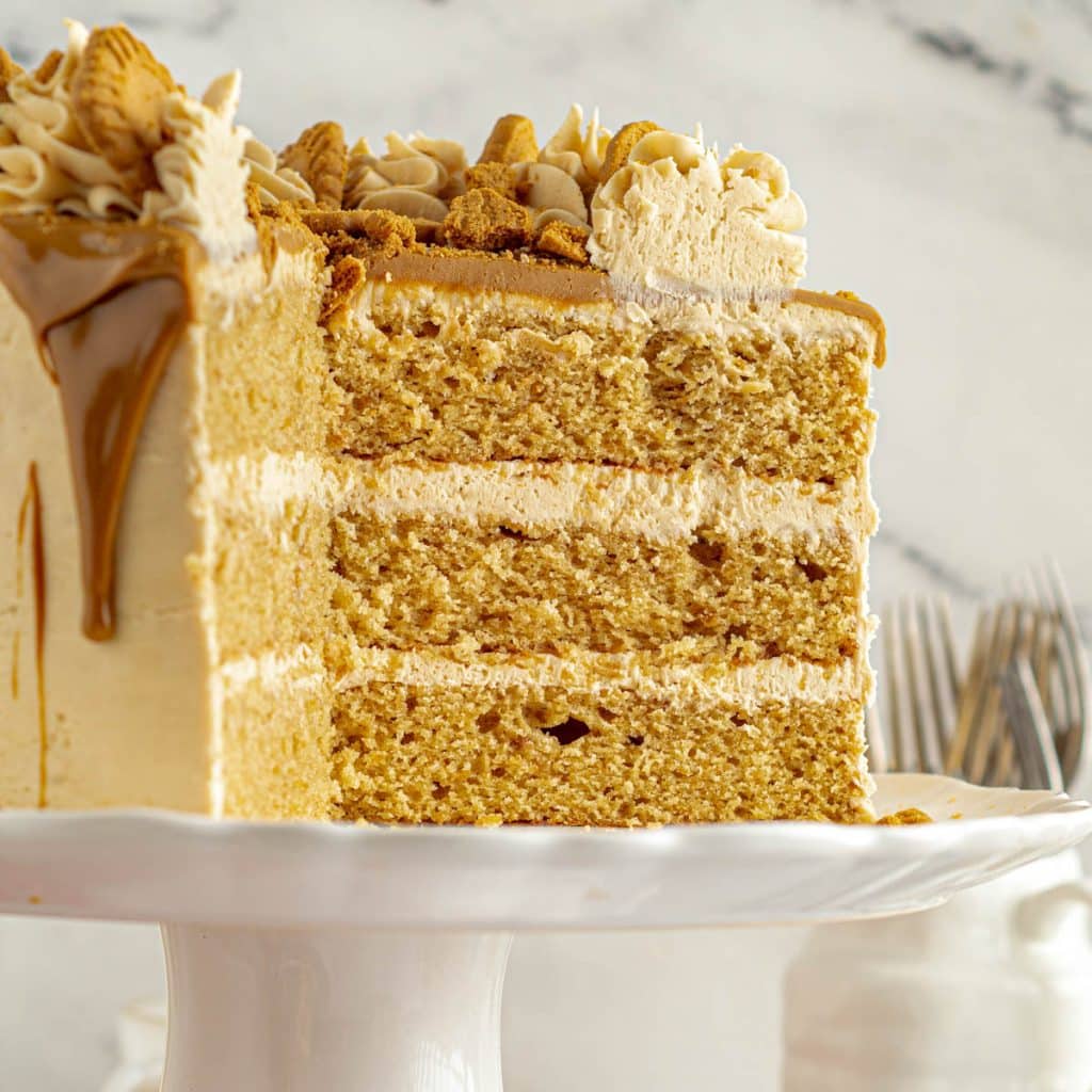 photo shows the inside of a three layer iced cake with a caramel colored drizzle and biscoff cookies decorating the top.