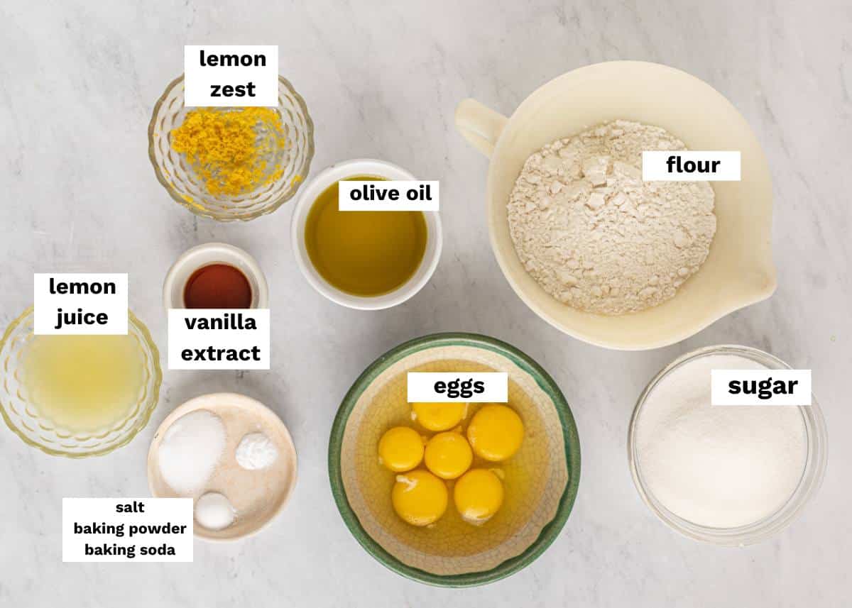 ingredients for lemon olive oil cake on a table