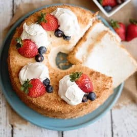 overhead view of angel food cake on a plate